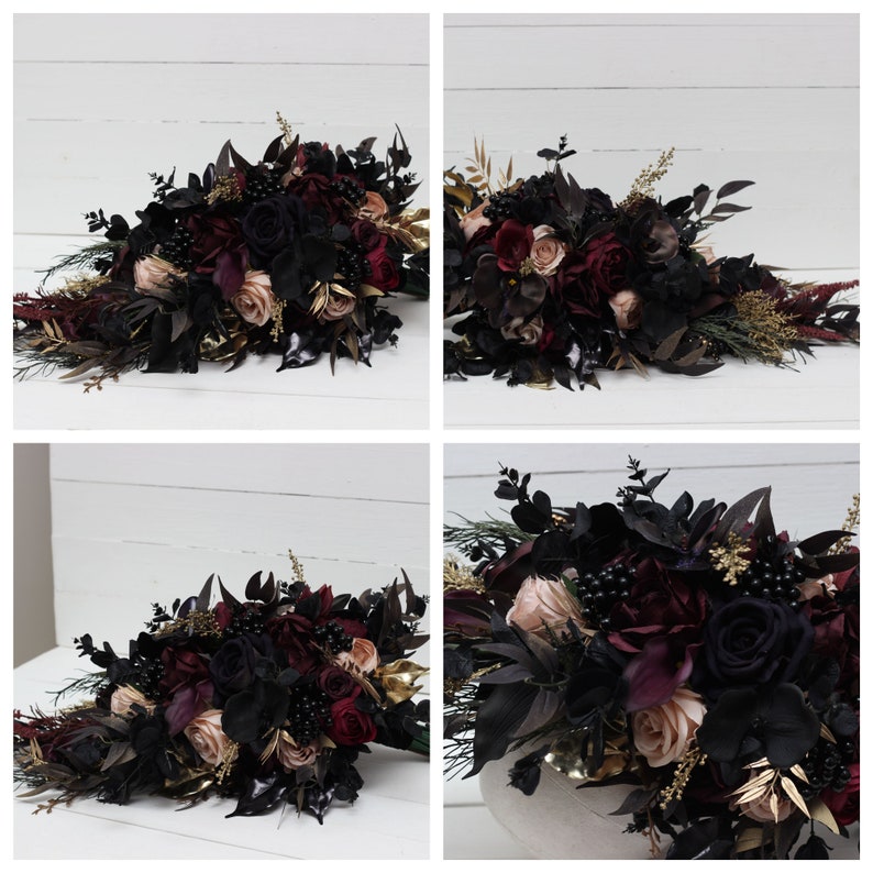 Cascading Bouquet Deep Purple Black Gold Beige Flowers Fall Etsy