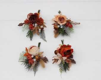 Rust ivory flowers Flower accessories Pine boutonniere Buttonhole Groom Groomsmen Fall wedding Wrist corsage Mushrooms boutonniere