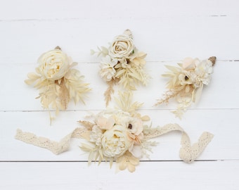 Boho flowers Champagne ivory cream accessories Wrist corsage Bridesmaid flowers Mother corsage Fiance Groom Groomsmen buttonhole