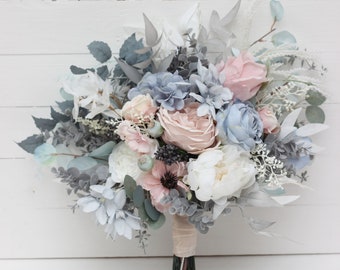 Dusty blue blush pink white bridal bouquet Peonies bouquet Bridal flowers Pink wedding flowers Wedding bouquet