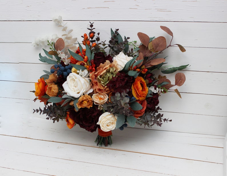 Rust Burgundy Bridesmaid Bouquet Bridal Flowers Faux Bouquet Etsy