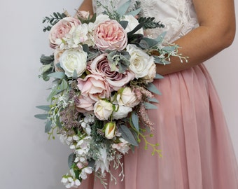 Cascading bouquet Blush pink eucalyptus bouquet Bridal bouquet Faux bouquet Wedding flowers Boho wedding bouquet