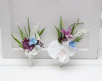 Blue, White & Magenta Orchid Boutonnieres, Tropical Wedding Flowers