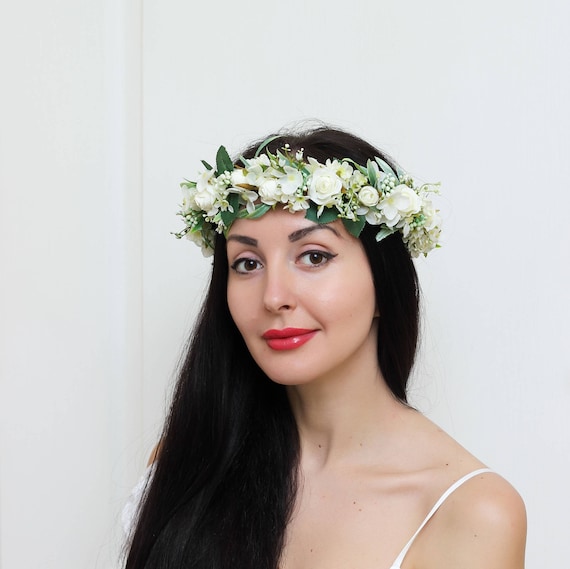 White rose flower crown Bridal hair wreath Wedding halo Flower | Etsy