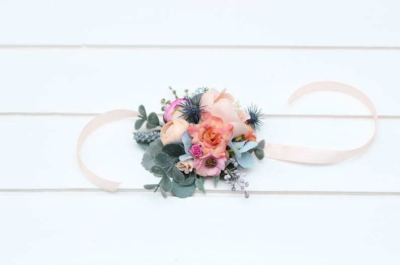 Spring summer wedding Magenta peach coral dusty blue flowers Flower crown Flower girl crown Wedding flowers Bridal flower crown image 7