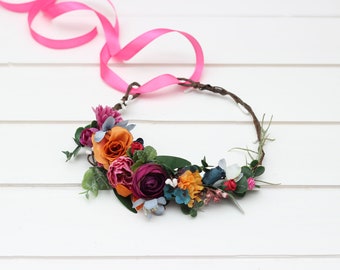 Jewel-tone wedding Emerald green orange magenta teal flowers Flower crown Flower girl crown  Wedding flowers