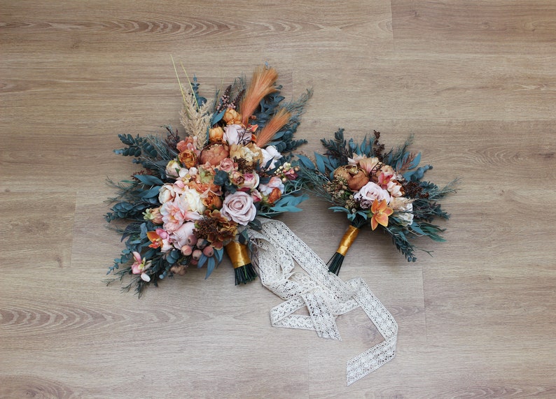 Boho bouquet Orange rust peach flowers Bridal bouquet Faux bouquet Fall wedding Silk flowers Boho wedding width 20 inch image 6