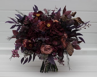 Purple black  dusty rose bridal and bridesmaid bouquet Gothic Halloween wedding Faux flowers wedding arrangement Dark moody wedding