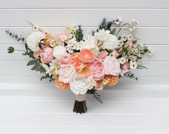 Spring summer wedding Blush pink white peach yellow flowers Faux bridal bouquet Boho wedding Bridesmaid bouquet Colorful bouquet Daisy