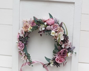 Mauve pink white flower crown Romantic spring wedding Bridal floral headband Wedding hair wreath Hair flowers Bridesmaid crown Maternity