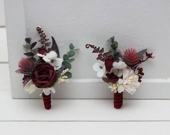 Burgundy ivory accessories  Boho wedding Boutonniere Buttonhole Wedding flowers Groom Wedding accessories Groomsmen Burgundy wedding