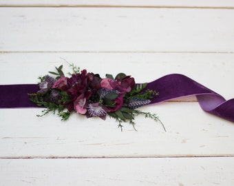 Plum mulberry forest green floral belt Flower sash Flower girl accessories Bridal belt Burgundy wedding Boho wedding