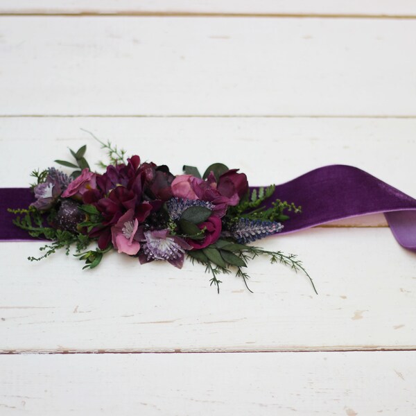 Plum mulberry forest green floral belt Flower sash Flower girl accessories Bridal belt Burgundy wedding Boho wedding