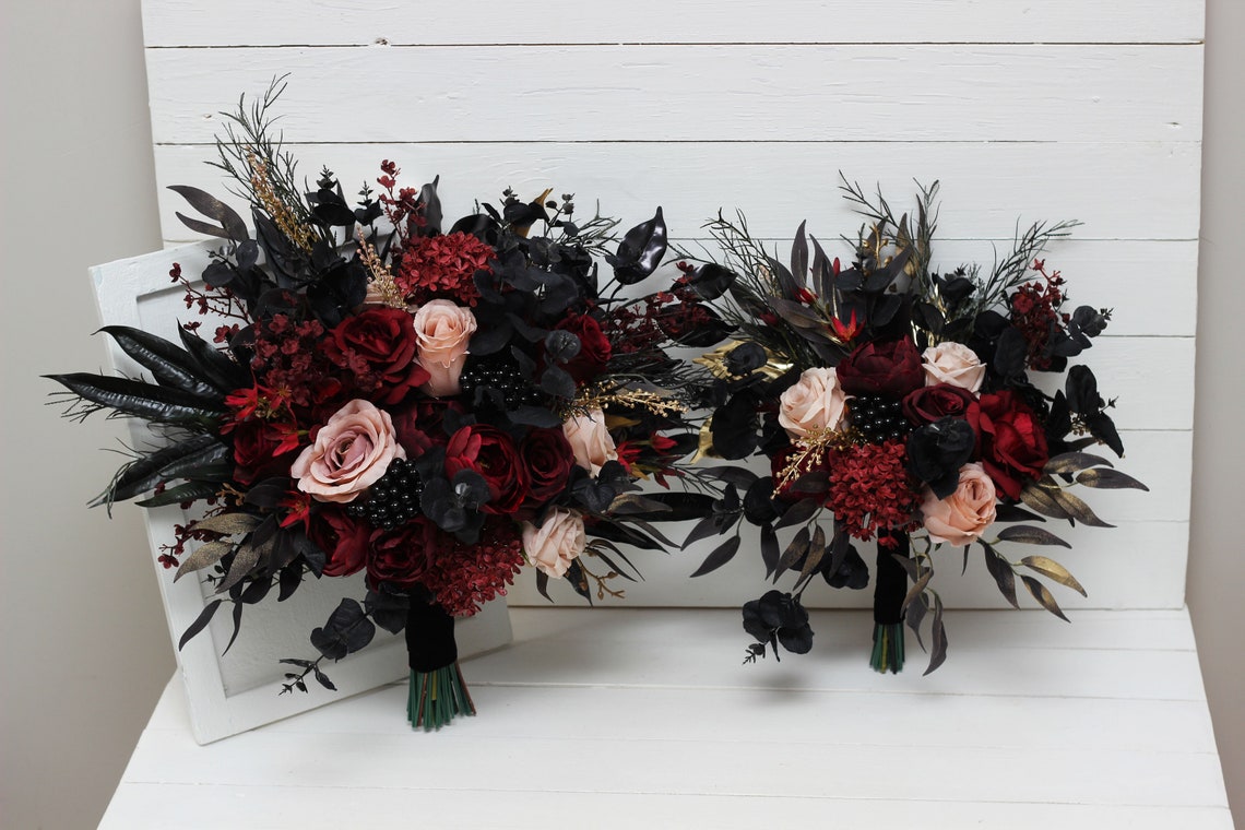 Burgundy black gold beige flowers Fall bridal bouquet Faux image 1