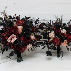 Burgundy black gold beige flowers Fall bridal bouquet Faux bouquet Fall wedding Halloween wedding Faux flowers  Boho wedding-size 17 inch