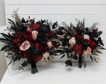 Burgundy black gold beige flowers Fall bridal bouquet Faux bouquet Fall wedding Halloween wedding Faux flowers  Boho wedding-size 17 inch