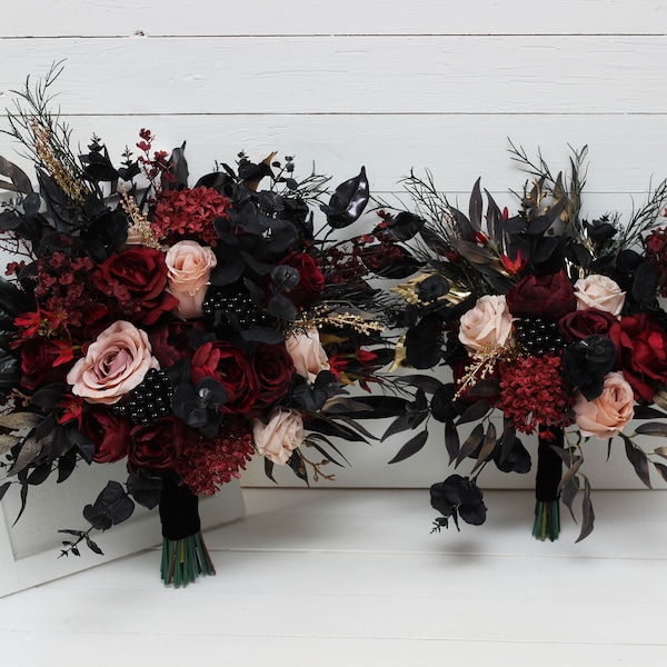 Burgundy black gold beige flowers Fall bridal bouquet Faux bouquet Fall wedding Halloween wedding Silk flowers Boho wedding-size 17 inch