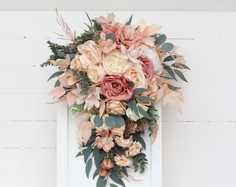 Cascasding bouquet Boho bouquet Dusty rose peach ivory bridal bouquet Faux bouquet Fall wedding Silk flowers Boho wedding