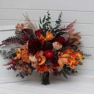 Burnt orange red burgundy bridal bouquet Faux bouquet Fall wedding Faux blooms Wedding flowers - width 19 inch
