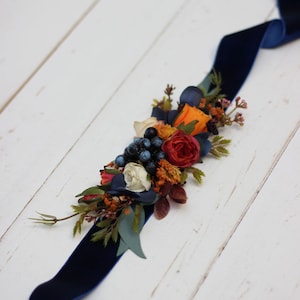 Orange navy blue flower belt  Fall wedding  Floral sash Bridal belt Flower girl belt