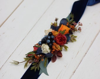 Orange navy blue flower belt  Fall wedding  Floral sash Bridal belt Flower girl belt