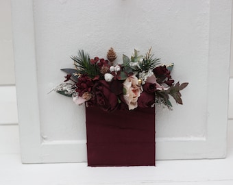Pocket boutonniere Burgundy blush pink gold  flower accessories Boutonniere Buttonhole Wedding flowers Groom Groomsmen Fall Winter wedding