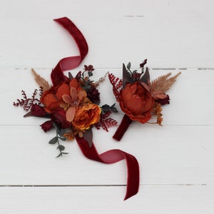Burnt orange burgundy flowers Boutonniere Buttonhole Wedding flowers Groom Wedding accessories Groomsmen Fall wedding
