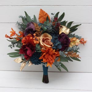 Teal rust gold plum mustard bouquet Navy blue orange flowers Bridal bouquet  Fall wedding  Faux blooms Boho wedding Halloween wedding