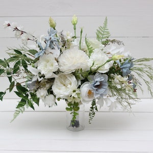 White sky blue flowers Bridal bouquet Faux bouquet  Wedding flowers  Boho wedding bouquet White roses bouquet
