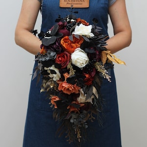 Cascading bouquet Purple black rust gold  flowers Fall bridal bouquet Faux bouquet Fall wedding Halloween wedding Boho wedding