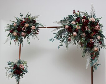 Deep burgundy neutral flower arch arrangement  Vine wedding  Wedding corner swag Faux flowers wedding arrangement Flower tie back