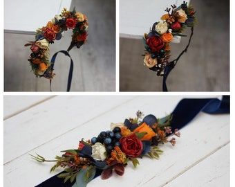 Orange navy blue flower crown Fall wedding  Floral headpiece Bridal headband Flower girl crown