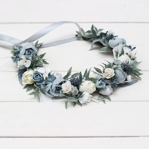 Dusty blue white flower crown Floral crown Flower headpiece Maternity Bridal hair wreath Flower girl Bridesmaid Hair flowers image 5