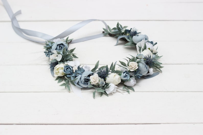 Dusty blue white flower crown Floral crown Flower headpiece Maternity Bridal hair wreath Flower girl Bridesmaid Hair flowers image 5