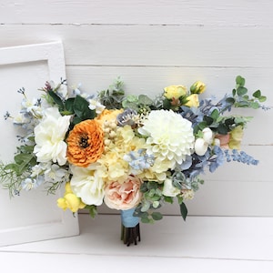 Spring summer wedding Cascading bouquet Peach yellow dusty blue flowers Faux bouquet Bridal bouquet Faux blooms Boho wedding