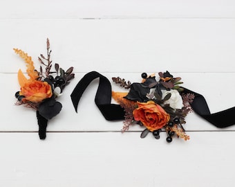 Orange black flowers Boutonniere Buttonhole Wedding flowers Groom Wedding accessories Groomsmen Halloween wedding