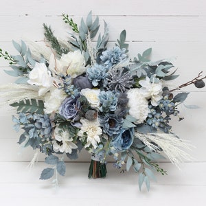 Dusty blue white bridal bouquet Peonies roses anemones bouquet Bridesmaid flowers Pale blue winter wedding flowers Boho wedding