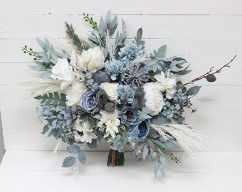 Dusty blue white bridal bouquet Peonies roses anemones bouquet Bridesmaid flowers Pale blue winter wedding flowers Boho wedding