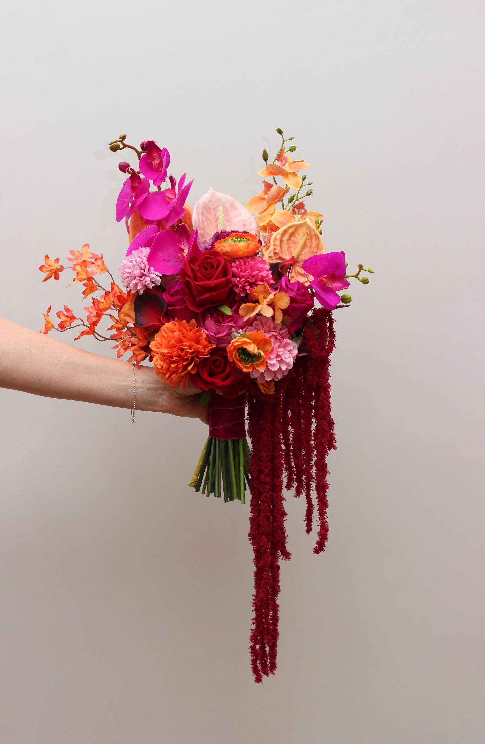 Asymmetrical Bridal Bouquet in Orange, Pink, Red & Magenta With