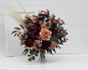 Burgundy dusty rose bouquet Bridal bouquet Wedding flowers Faux blooms Boho wedding Bridesmaid bouquet