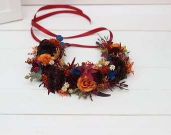 Flower crown Rust orange burgundy navy blue  Fall wedding Hair accessories Bridal flowers Flower girl crown