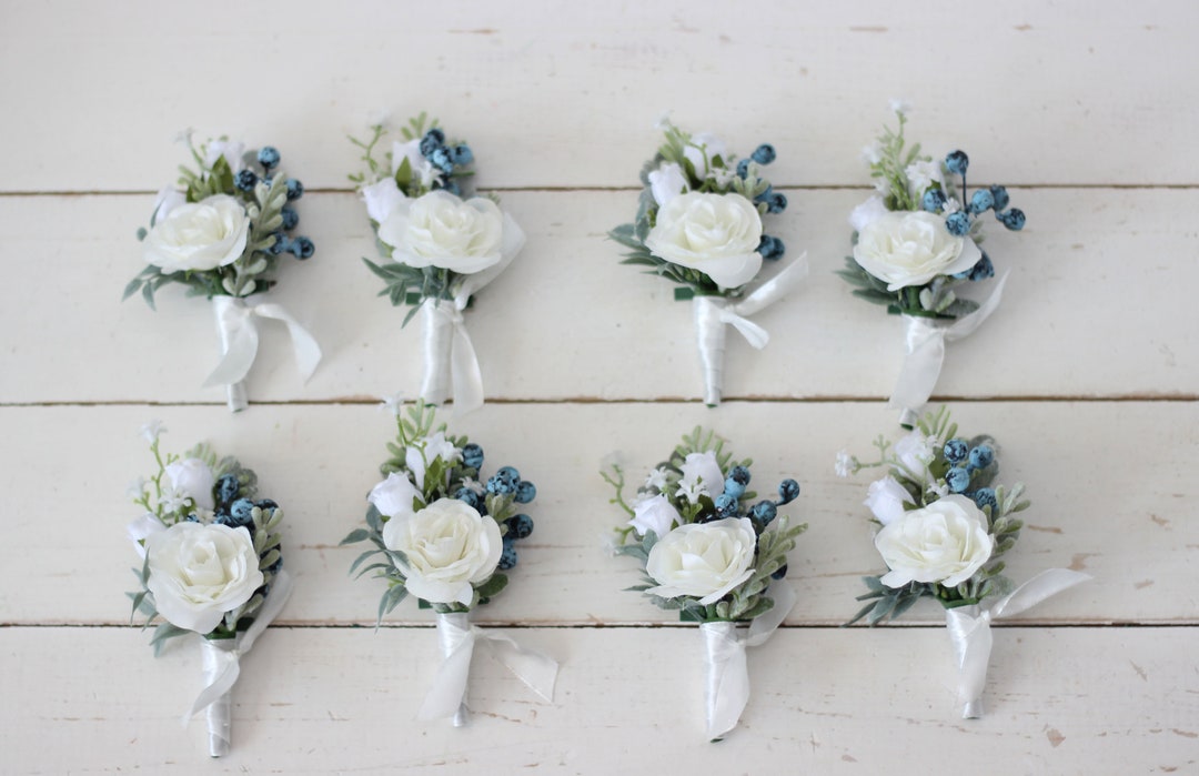Dusty Blue White Boutonniere Blueberry Wedding Accessories Men's