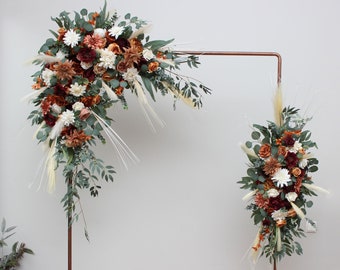 Boho wedding Cinnamon ivory burgundy orange flowers Dahlia arch flowers Archway flowers Pergola flowers Wedding arch arrangement