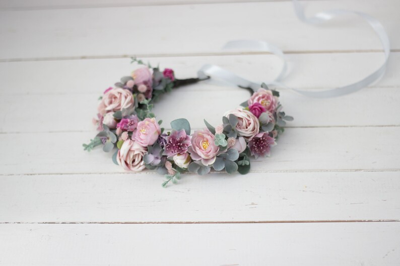 Blush Pink Gray Flower Crown Floral Headpiece Bridal Headband Etsy