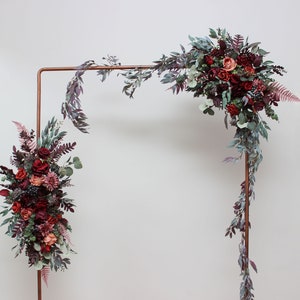 Deep burgundy red blue arch arrangement Arch flowers Fall wedding Archway flowers Pergola flowers Wedding arch image 1