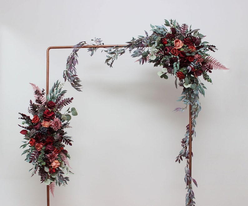 Deep burgundy red blue arch arrangement Arch flowers Fall wedding Archway flowers Pergola flowers Wedding arch image 1