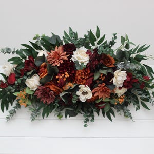 Flower arch arrangement Burgundy burnt orange cream  boho wedding  Floral archway Faux flowers wedding arrangement Flower arrangement