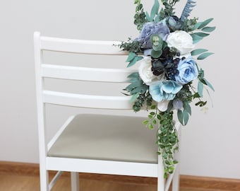 Aisle flowers in dusty blue white color scheme Wedding arch flowers  Faux flowers Chair flowers Sign flowers Flowers for wedding decor