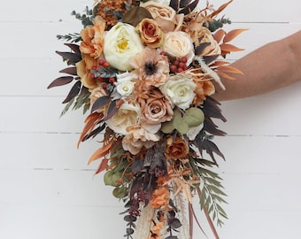 Cascading bouquet Boho bouquet Pampass grass Orange ivory rust terracotta bridal bouquet Faux bouquet Fall wedding Faux blooms Boho wedding