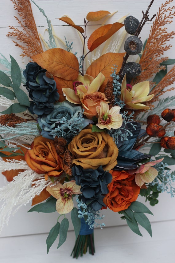 Rust Teal Burgundy Wedding Bouquet, Cascading Bouquet, Fall